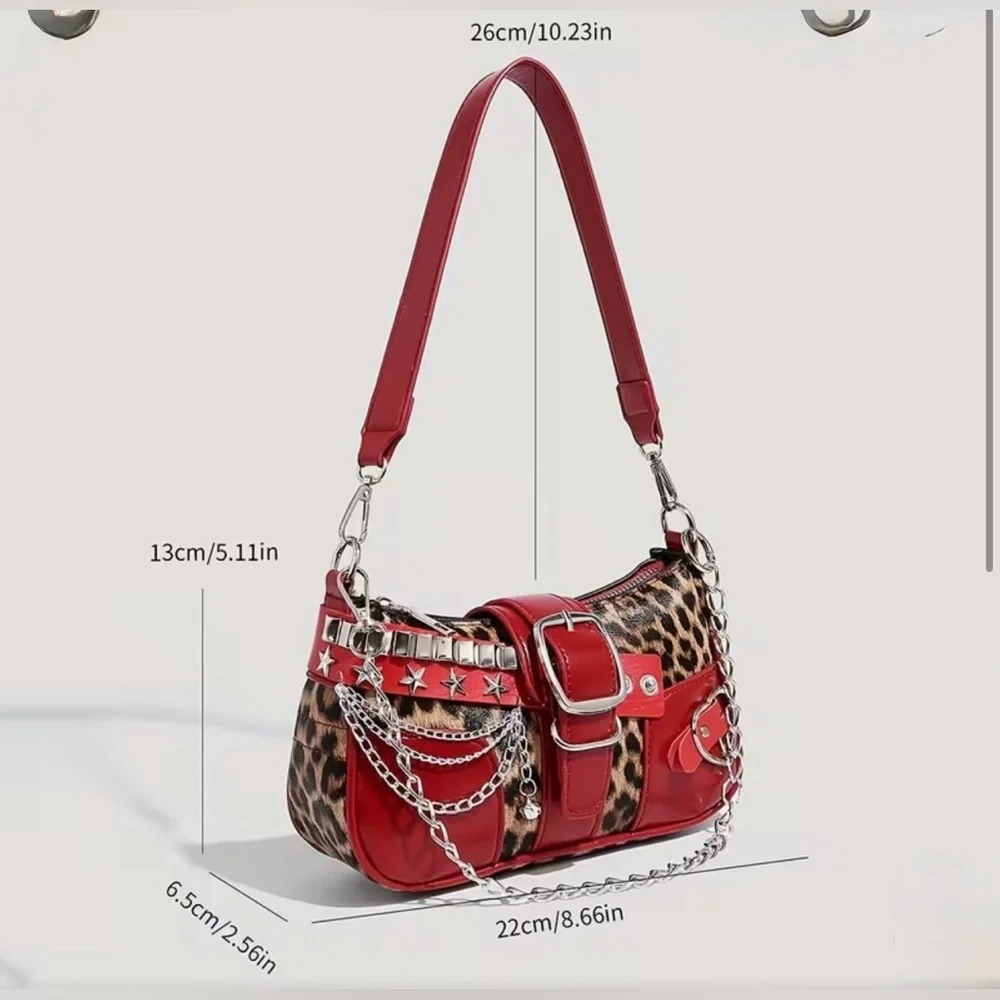 Y2K Leopard Print Shoulder Bag Red Studded Chain Punk Grunge Purse - NEW - Picture 7 of 9